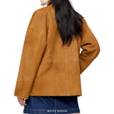 Women's Amber Brown Suede Button-Up Bomber Jacket – view 3