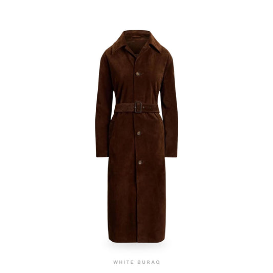 Women's Coffee Brown Suede Belted Long Trench Coat