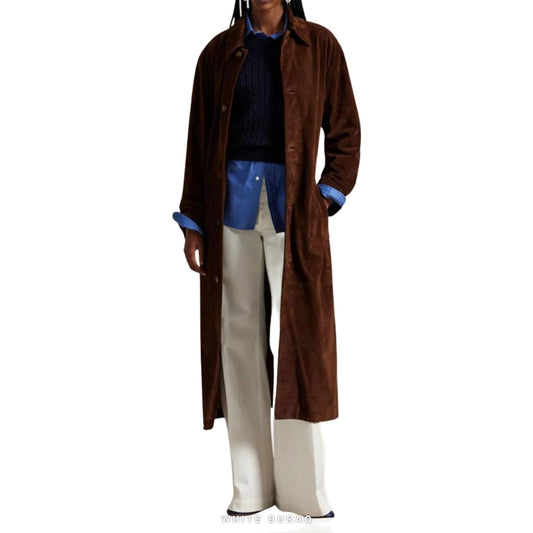 Women's Coffee Brown Suede Belted Long Trench Coat – view 2