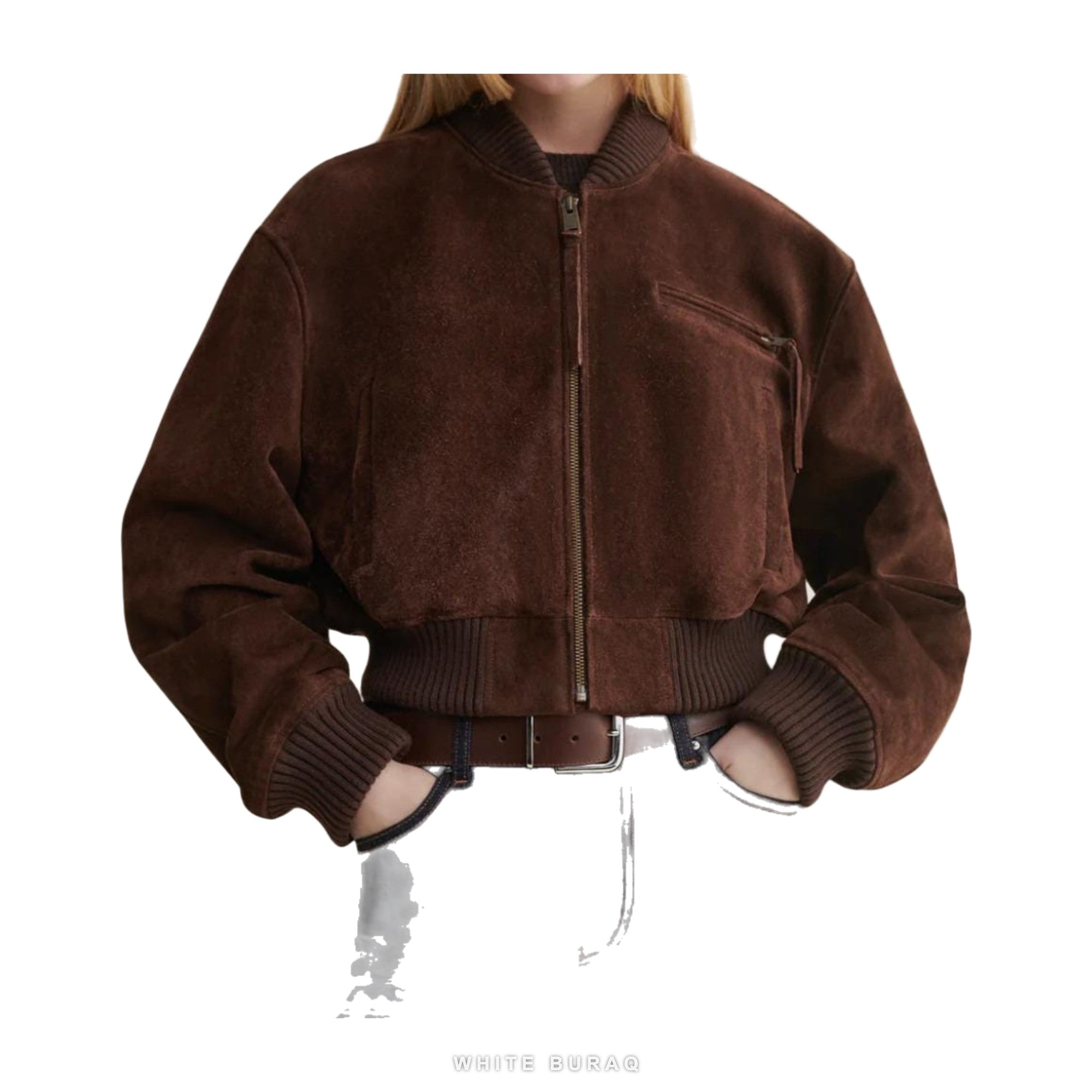 Women's Brown Suede Cropped Zip Bomber Jacket – view 2