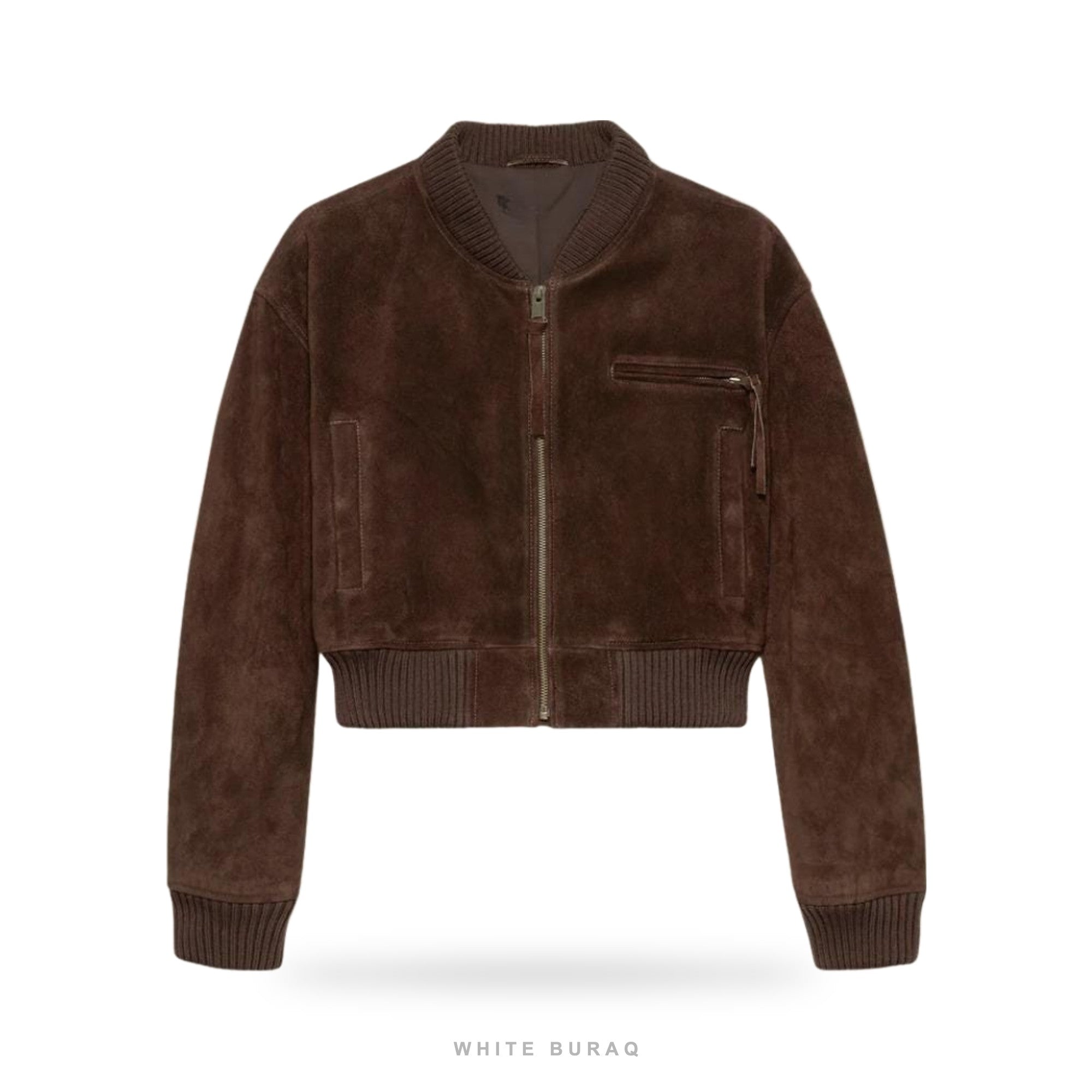 Women's Brown Suede Cropped Zip Bomber Jacket – view 3