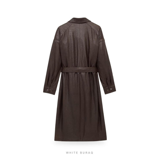 Men's Brown Leather Long Moto Trench Coat – view 2