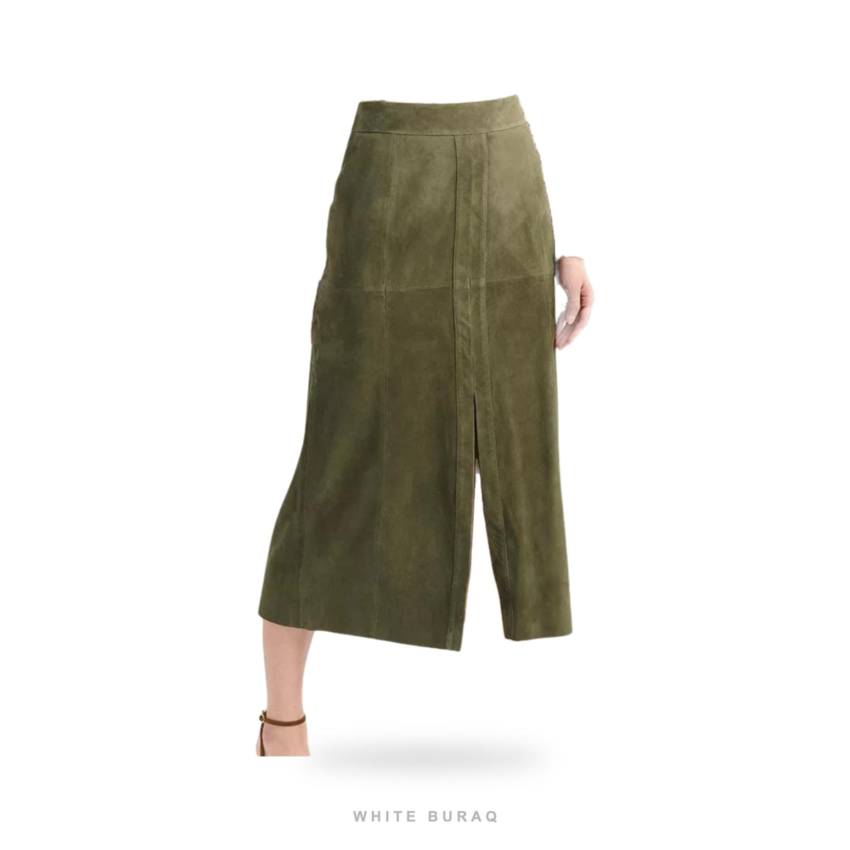 Women's Olive Green Suede Midi Skirt with Front Slit