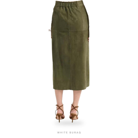Women's Olive Green Suede Midi Skirt with Front Slit – view 2