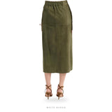 Women's Olive Green Suede Midi Skirt with Front Slit – view 2