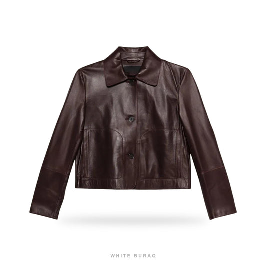 Women's Chocolate Leather Cropped Button-Up Jacket – view 2