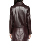 Women's Chocolate Leather Cropped Button-Up Jacket – view 3