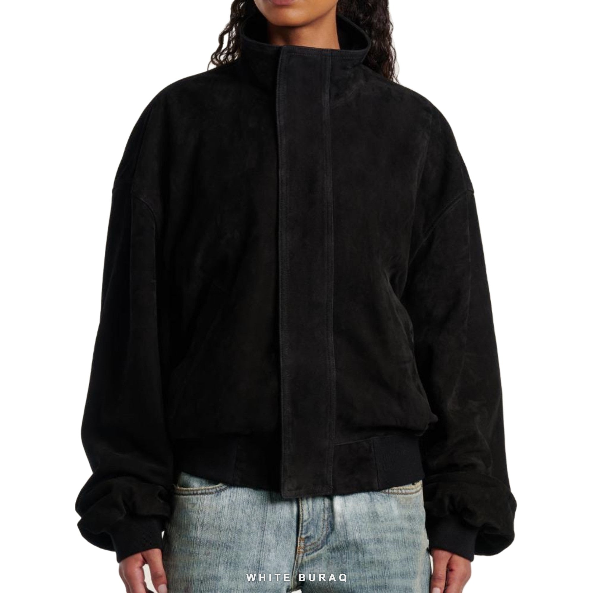 Women's Black Suede Oversized High-Collar Bomber – view 3