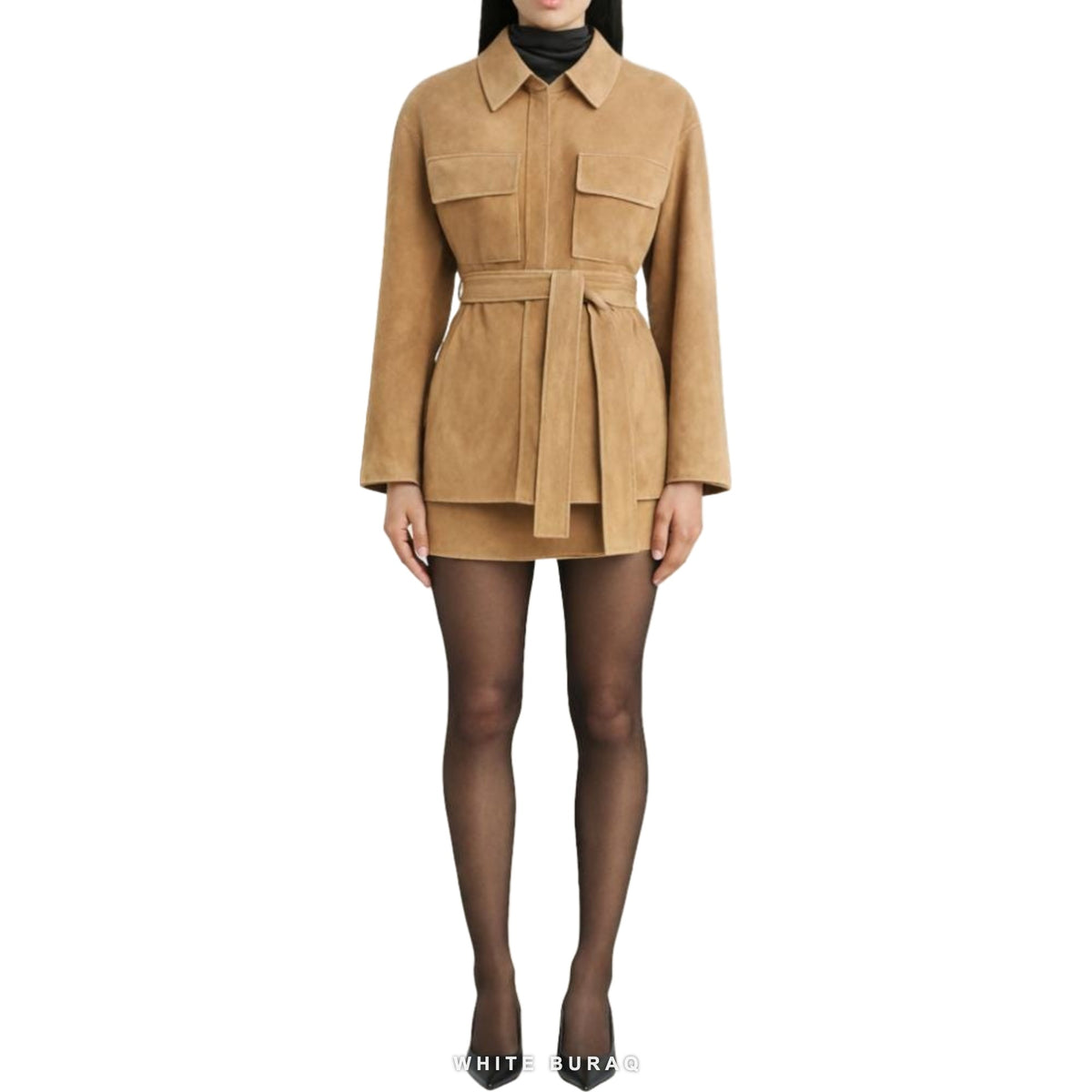 Women's Tan Suede Belted Shirt Jacket