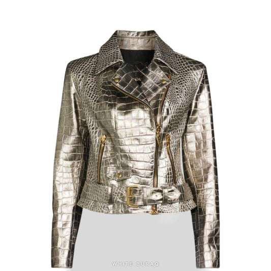 Women's Metallic Silver Croc-Embossed Belted Biker Jacket