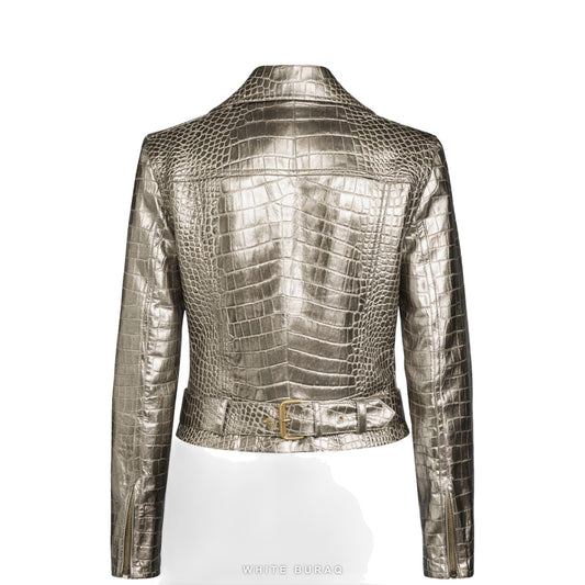 Women's Metallic Silver Croc-Embossed Belted Biker Jacket – view 2
