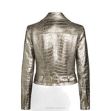 Women's Metallic Silver Croc-Embossed Belted Biker Jacket – view 2