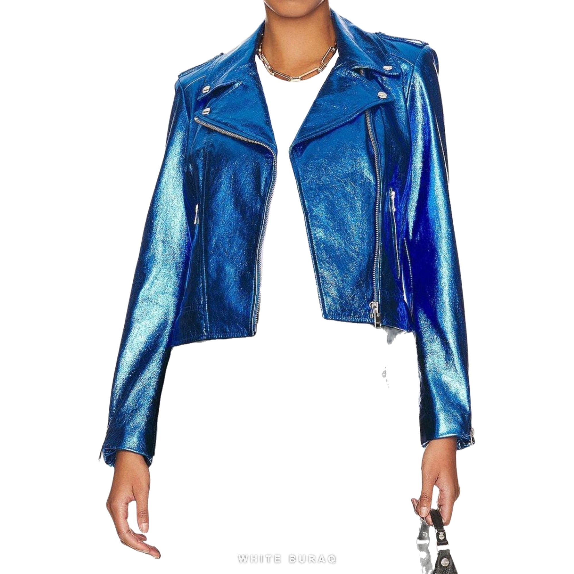 Women's Metallic Blue Lambskin Cropped Biker Jacket