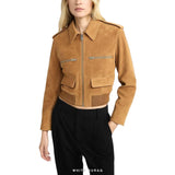 Women's Camel Suede Cropped Bomber Jacket