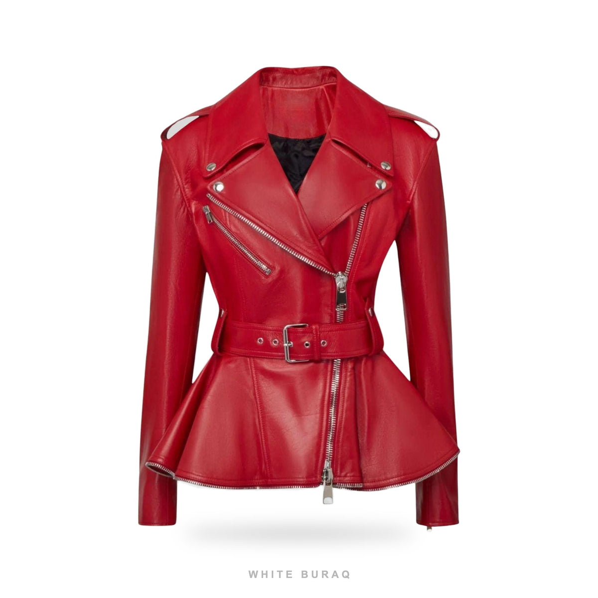Women's Red Leather Belted Peplum Biker Jacket