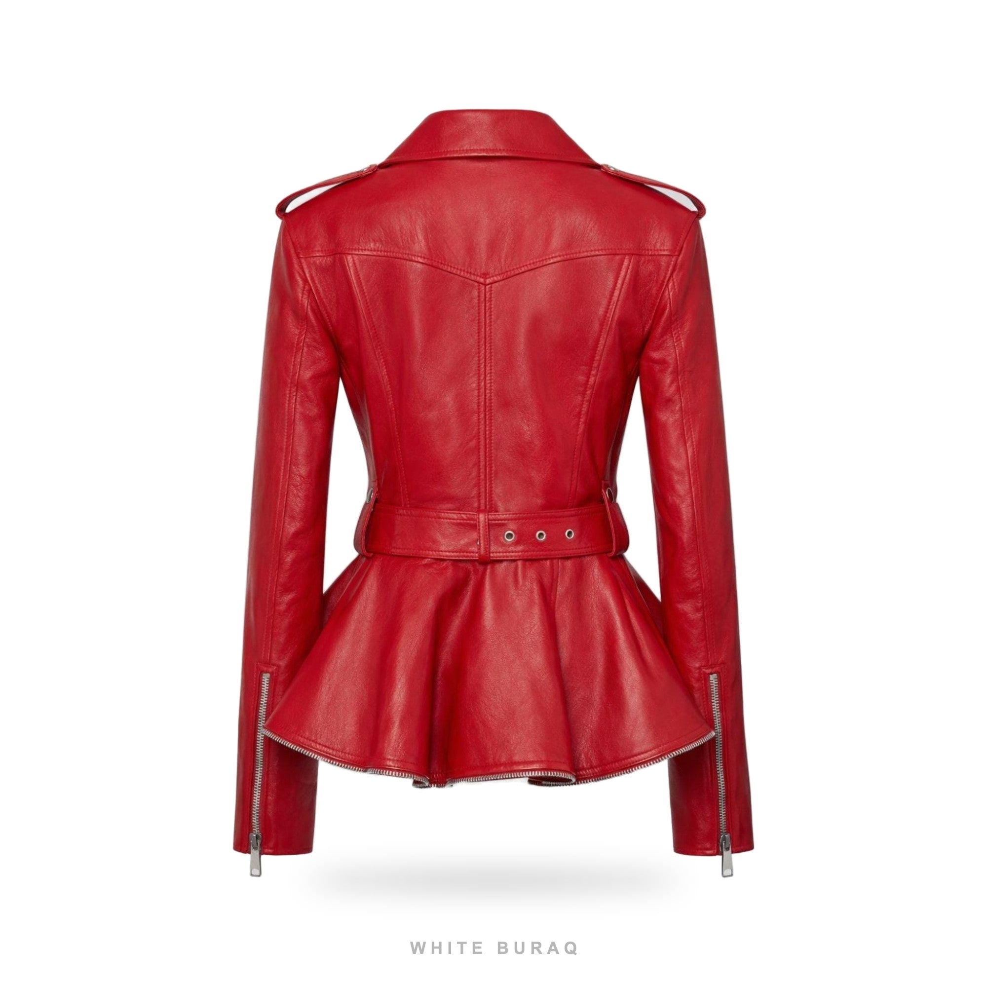 Women's Red Leather Belted Peplum Biker Jacket – view 2