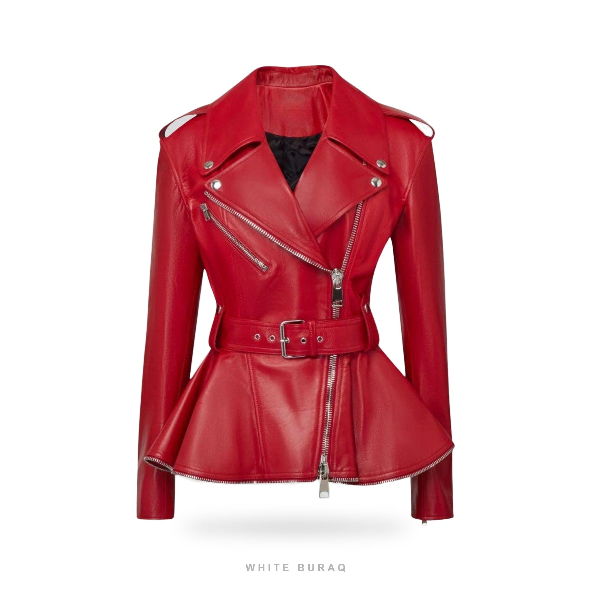 Women's Red Leather Belted Peplum Biker Jacket – view 3