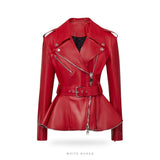 Women's Red Leather Belted Peplum Biker Jacket – view 3