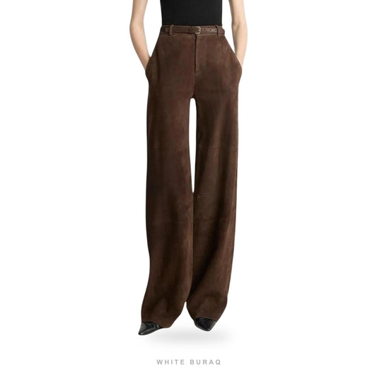Women's Brown Suede High-Waist Wide-Leg Trousers