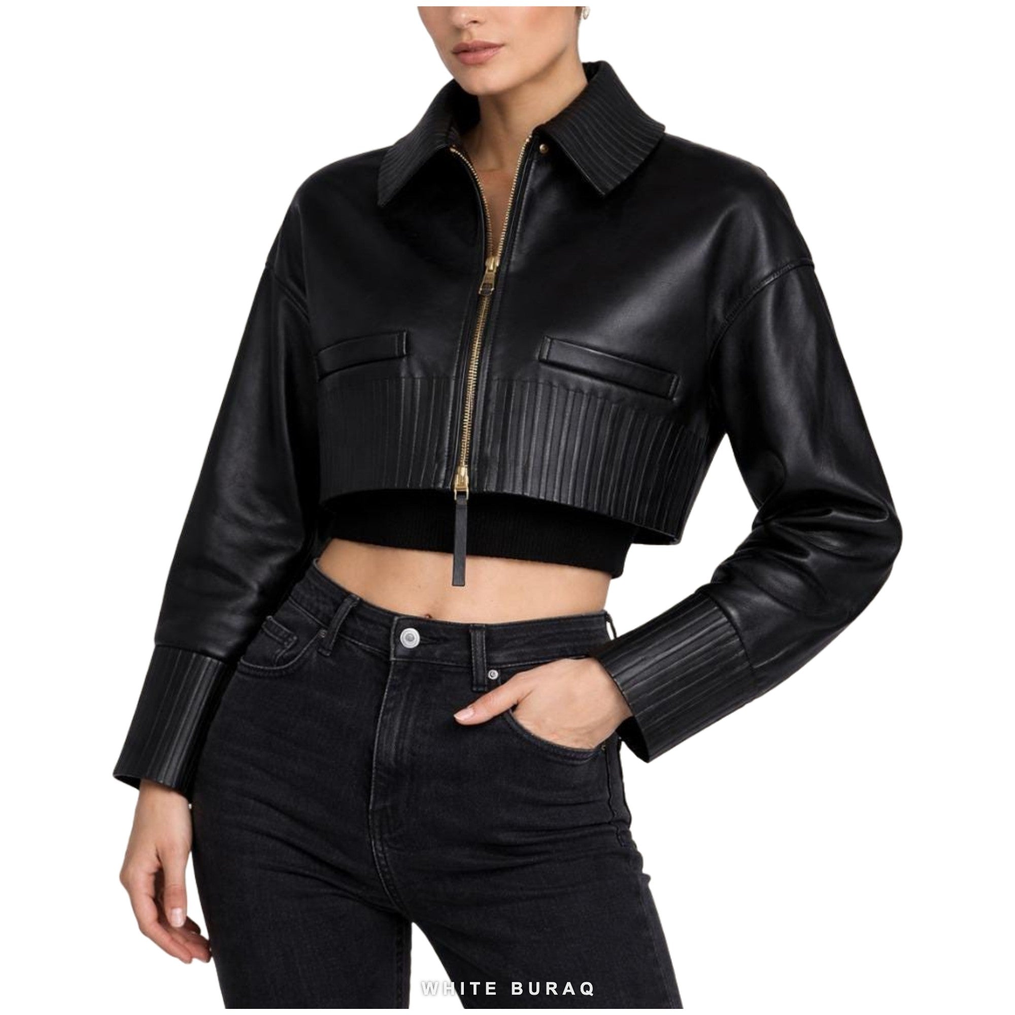 Women's Black Leather Cropped Ribbed-Trim Zip Jacket