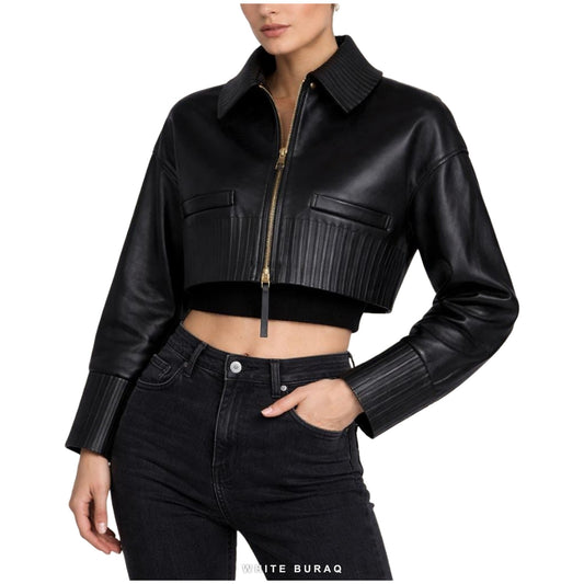 Women's Black Leather Cropped Ribbed-Trim Zip Jacket