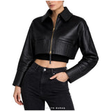 Women's Black Leather Cropped Ribbed-Trim Zip Jacket