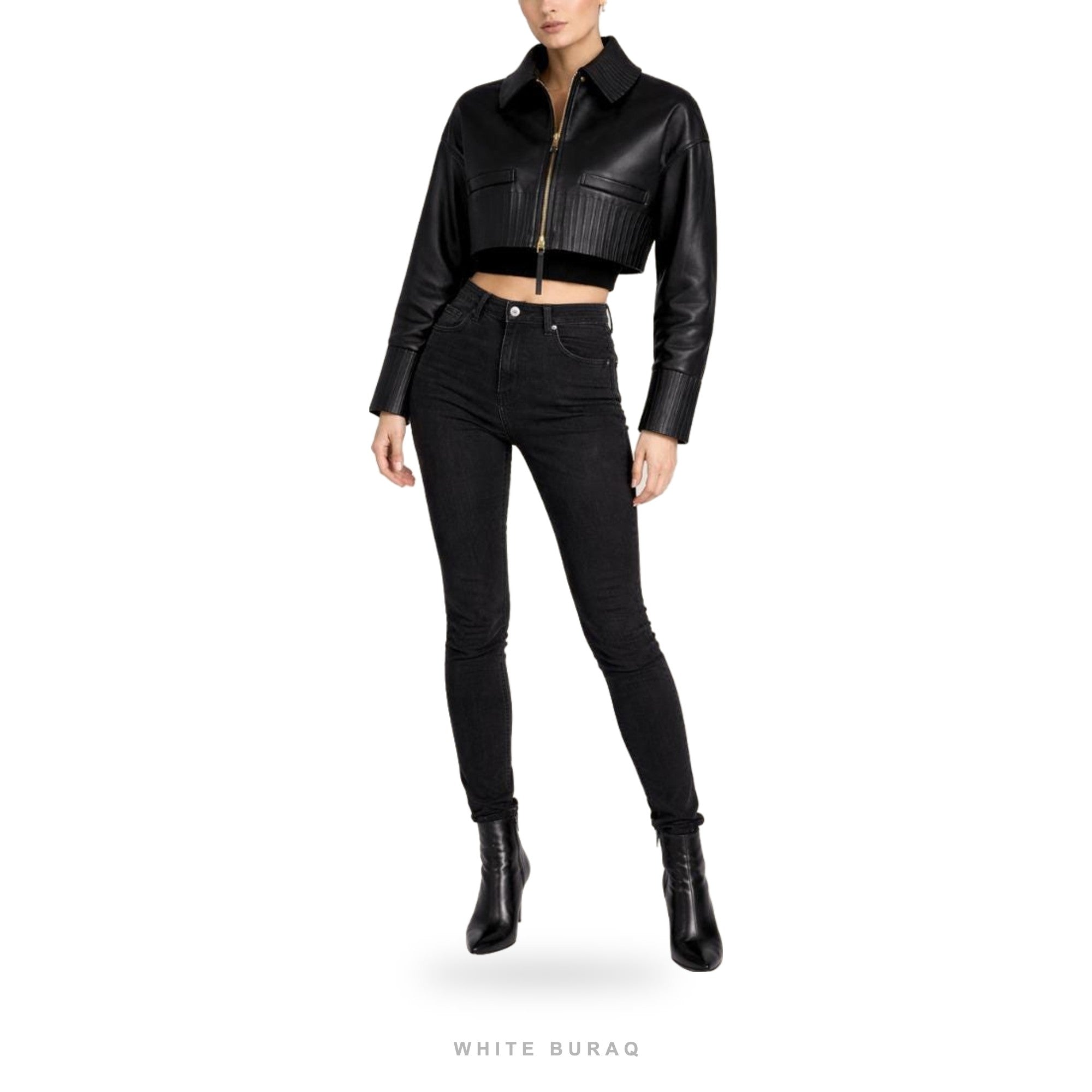 Women's Black Leather Cropped Ribbed-Trim Zip Jacket – view 3