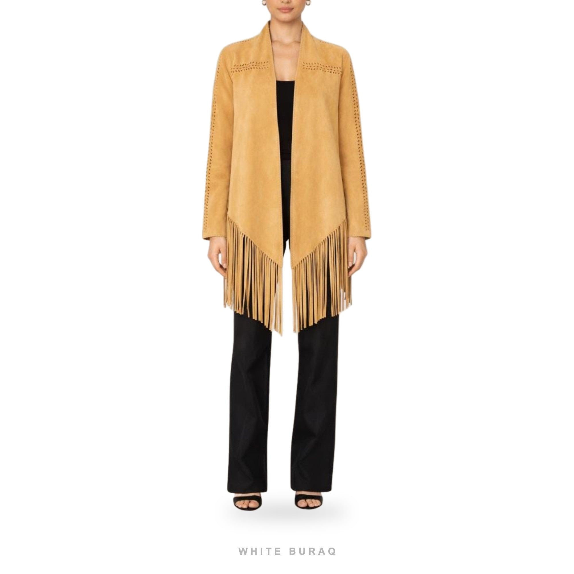 Women's Tan Suede Fringe Shawl Jacket