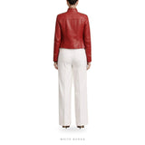 Women's Red Leather Cropped Military Band Jacket – view 2