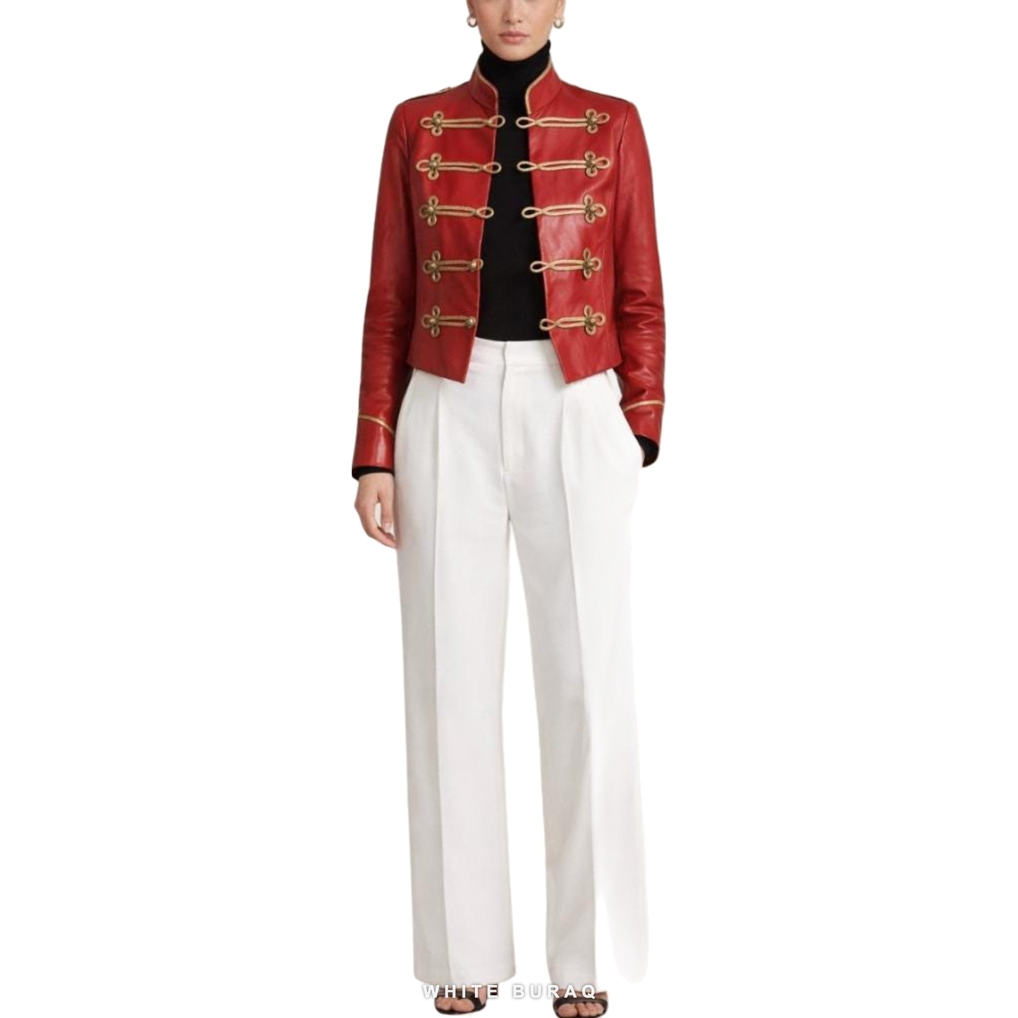 Women's Red Leather Cropped Military Band Jacket – view 3