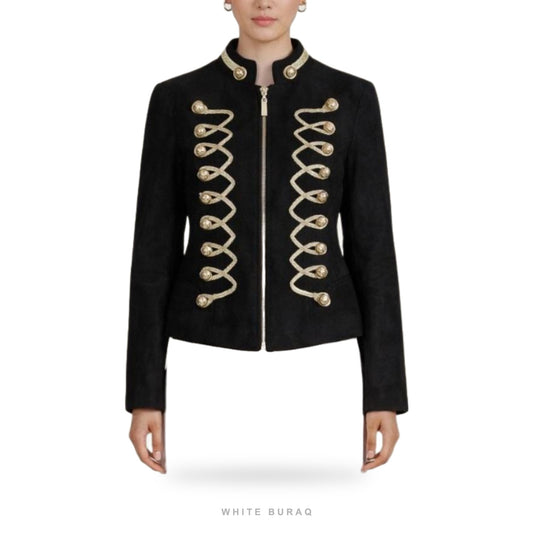 Women's Black Suede Hussar Military Jacket with Gold Braid