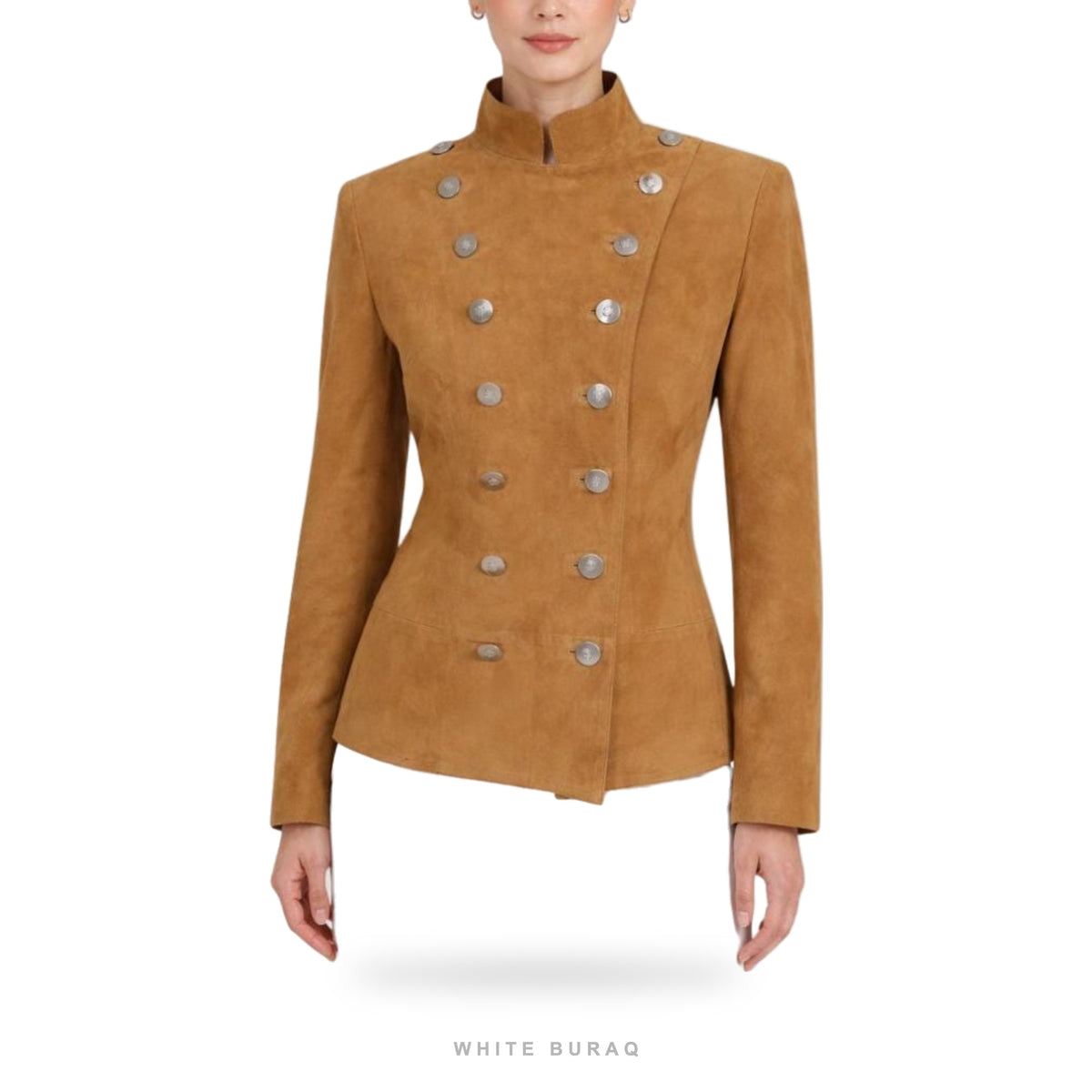 Women's Camel Suede Double-Breasted Military Jacket