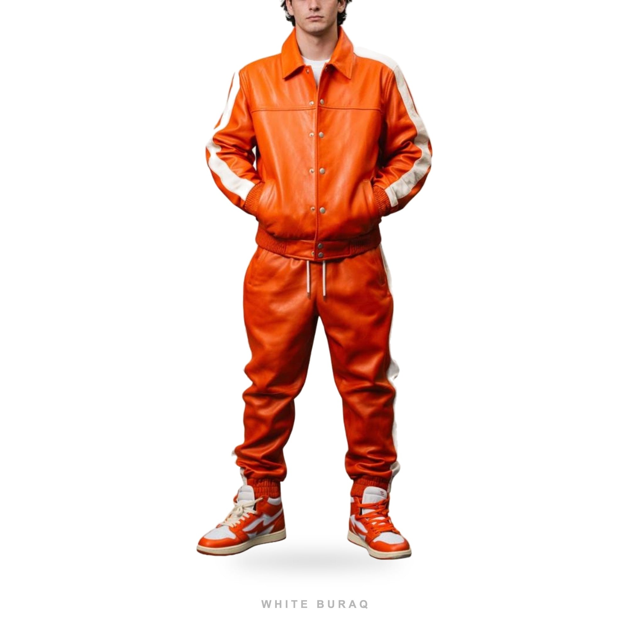 Men's Orange Leather Varsity Tracksuit Set