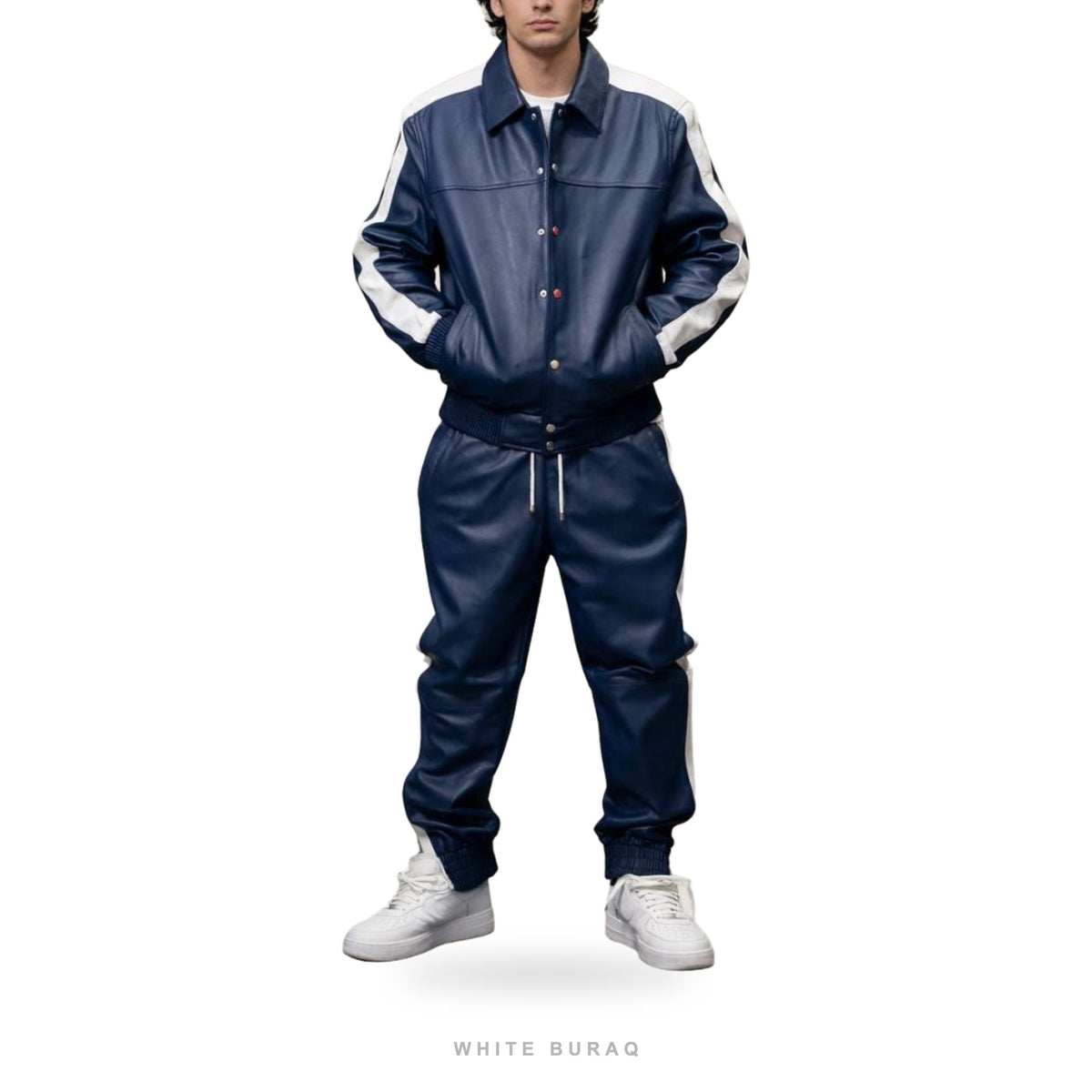 Men's Blue Leather Varsity Tracksuit Set