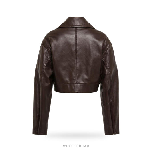 Women's Brown Leather Cropped Zip Jacket with Flap Pockets – view 2