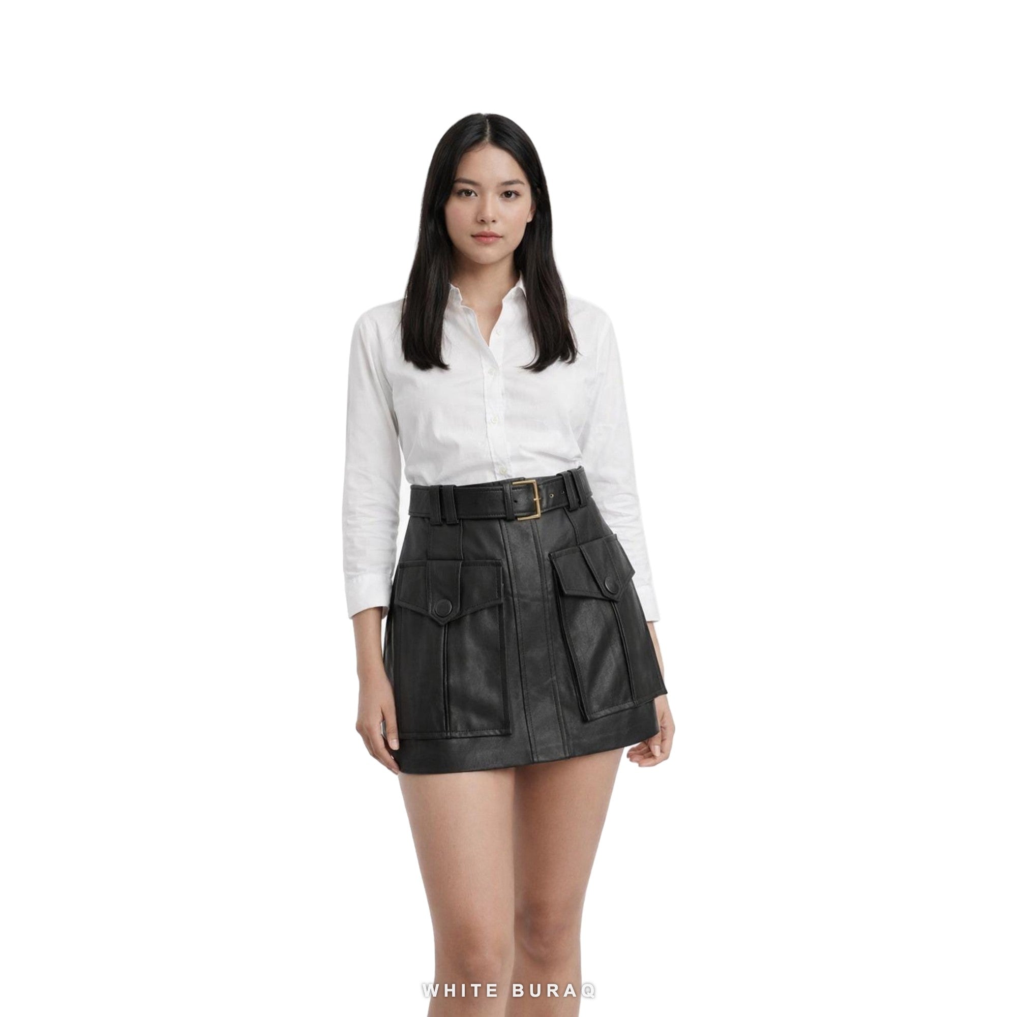 Women's Black Leather High-Waist Cargo Mini Skirt – view 3