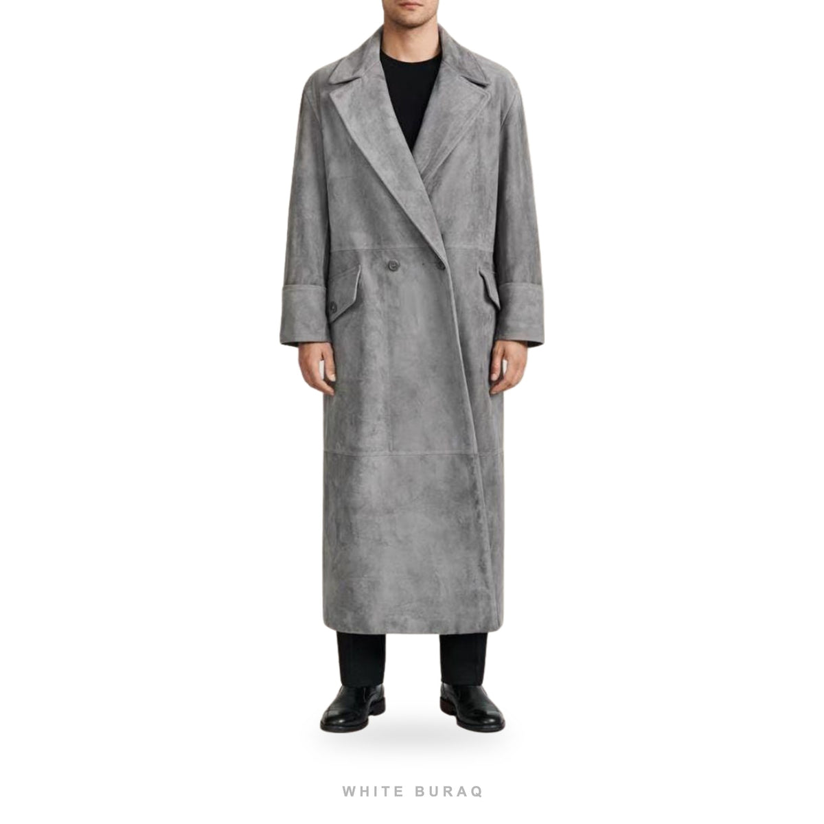 Men's Grey Suede Double-Breasted Long Coat