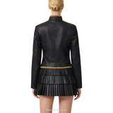 Women's Black Leather Military Jacket with Gold Braid – view 2