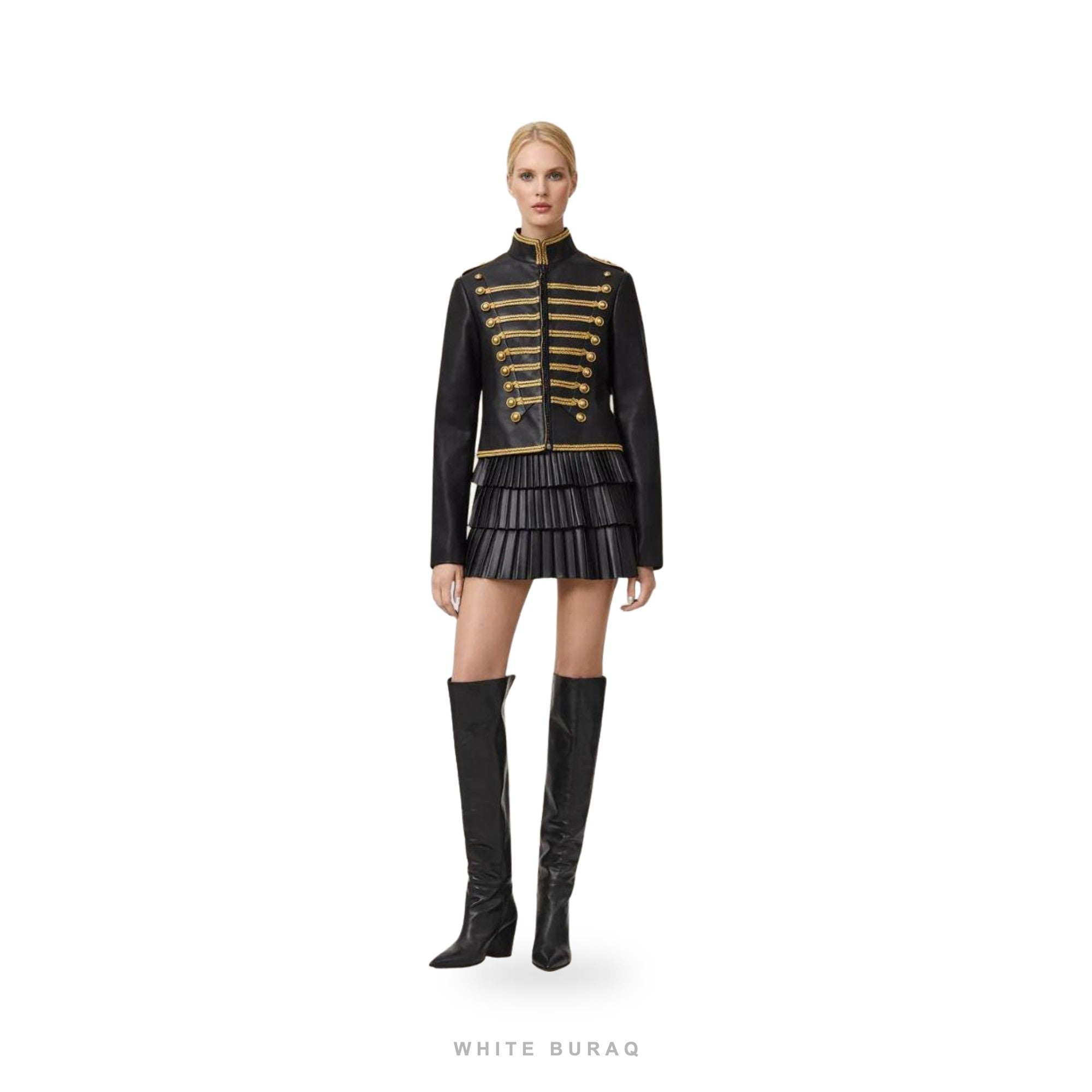 Women's Black Leather Military Jacket with Gold Braid – view 3