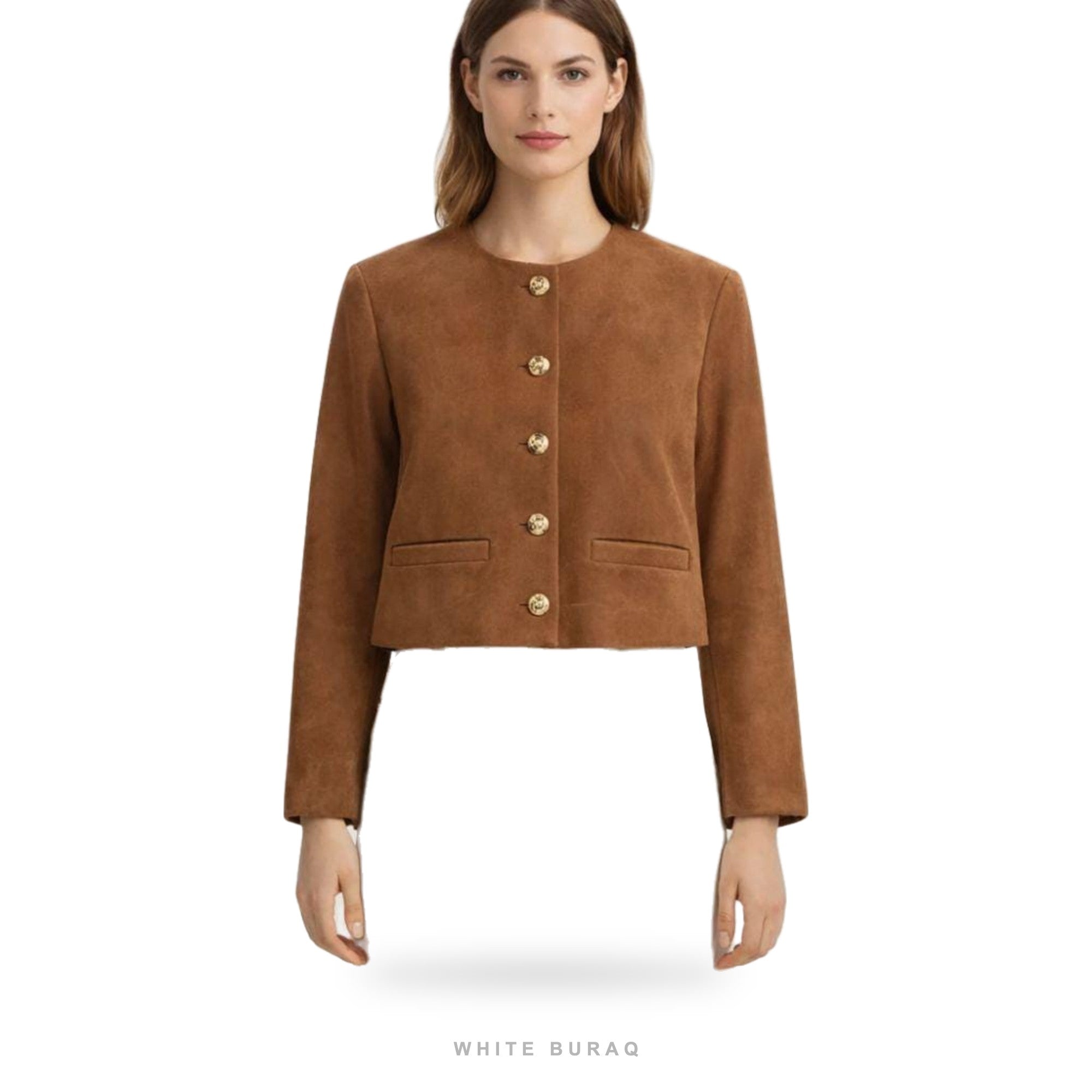 Women's Brown Suede Cropped Button-Front Jacket