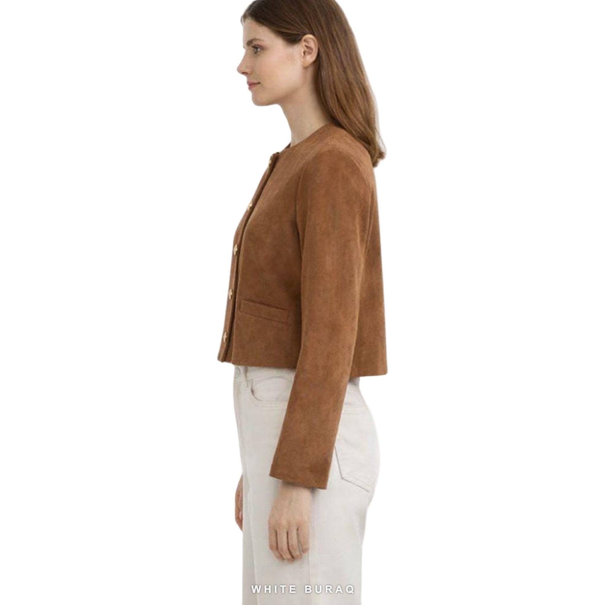 Women's Brown Suede Cropped Button-Front Jacket – view 3
