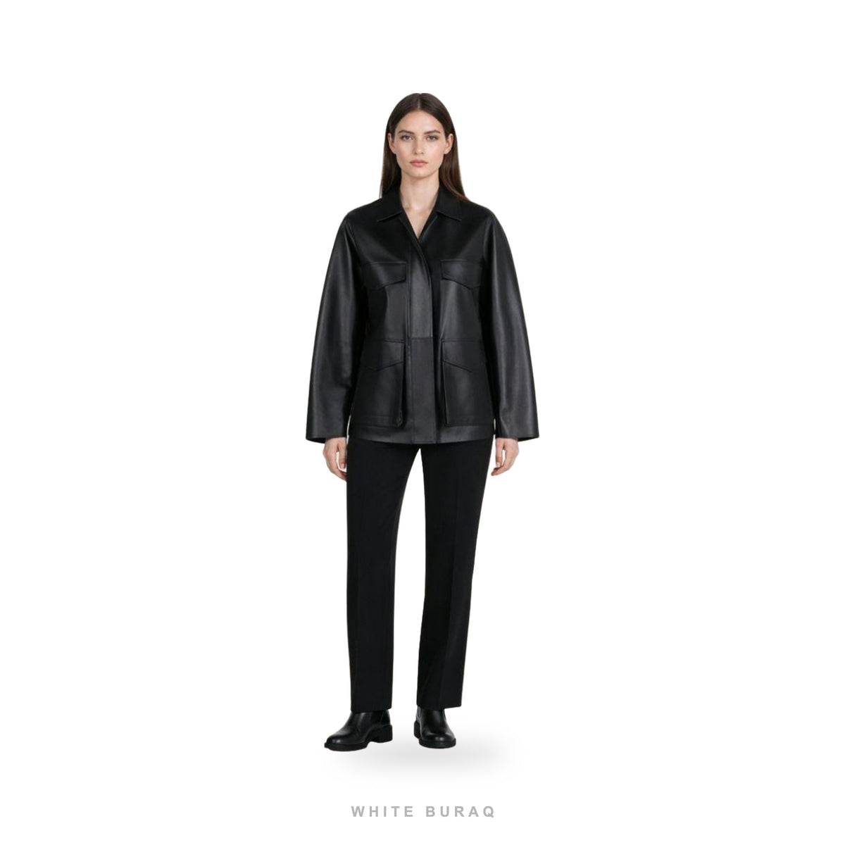 Women's Black Leather Utility Overshirt Jacket