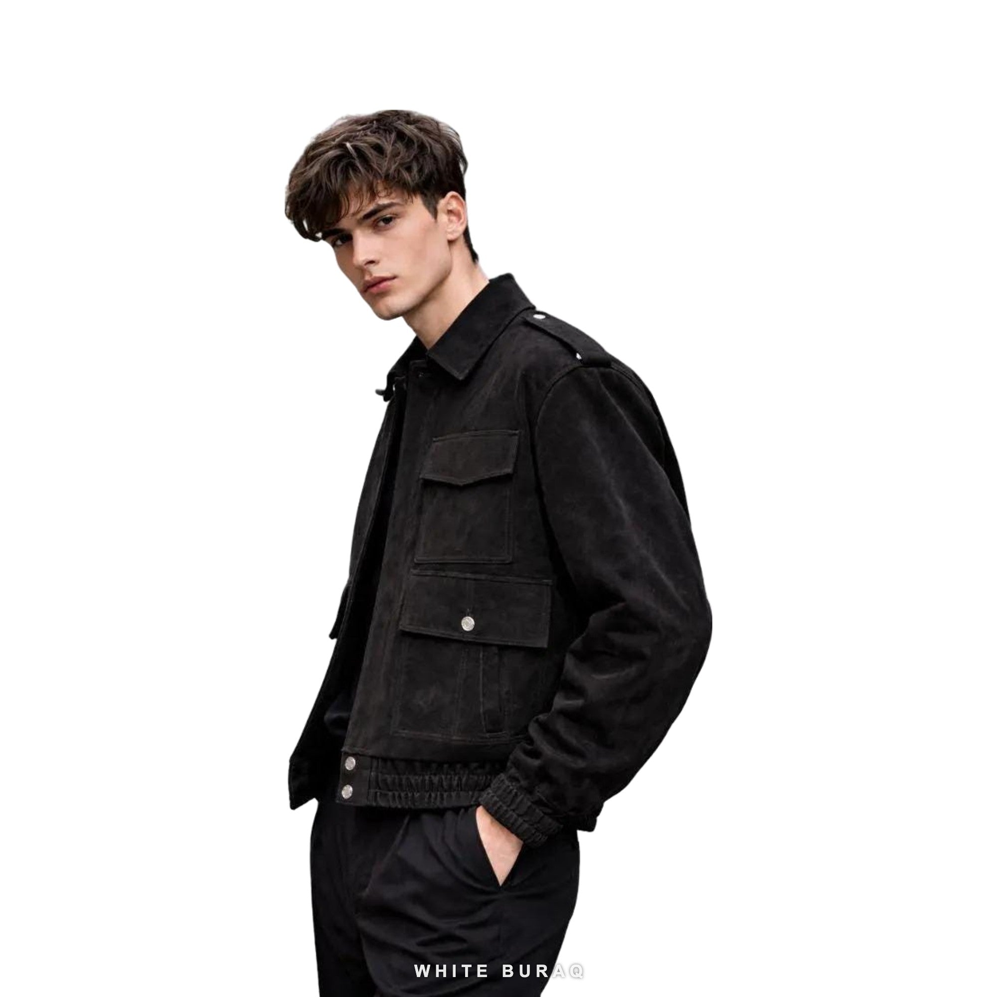 Men's Black Suede Military Bomber Jacket – view 4