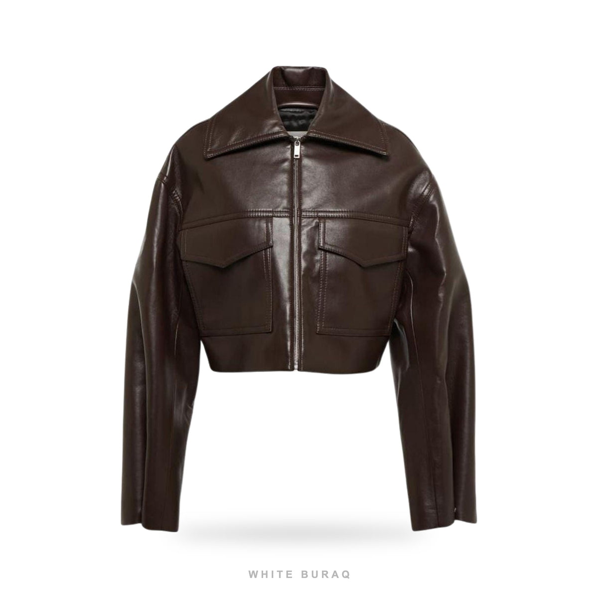 Women's Chocolate Brown Leather Cropped Zip Jacket