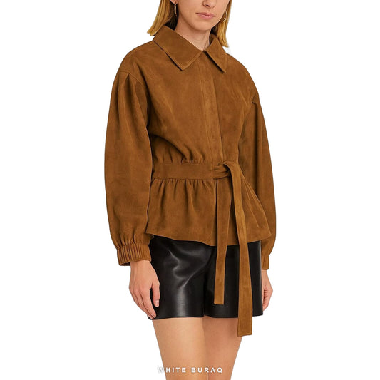 Women's Brown Suede Tie-Belt Jacket – view 2