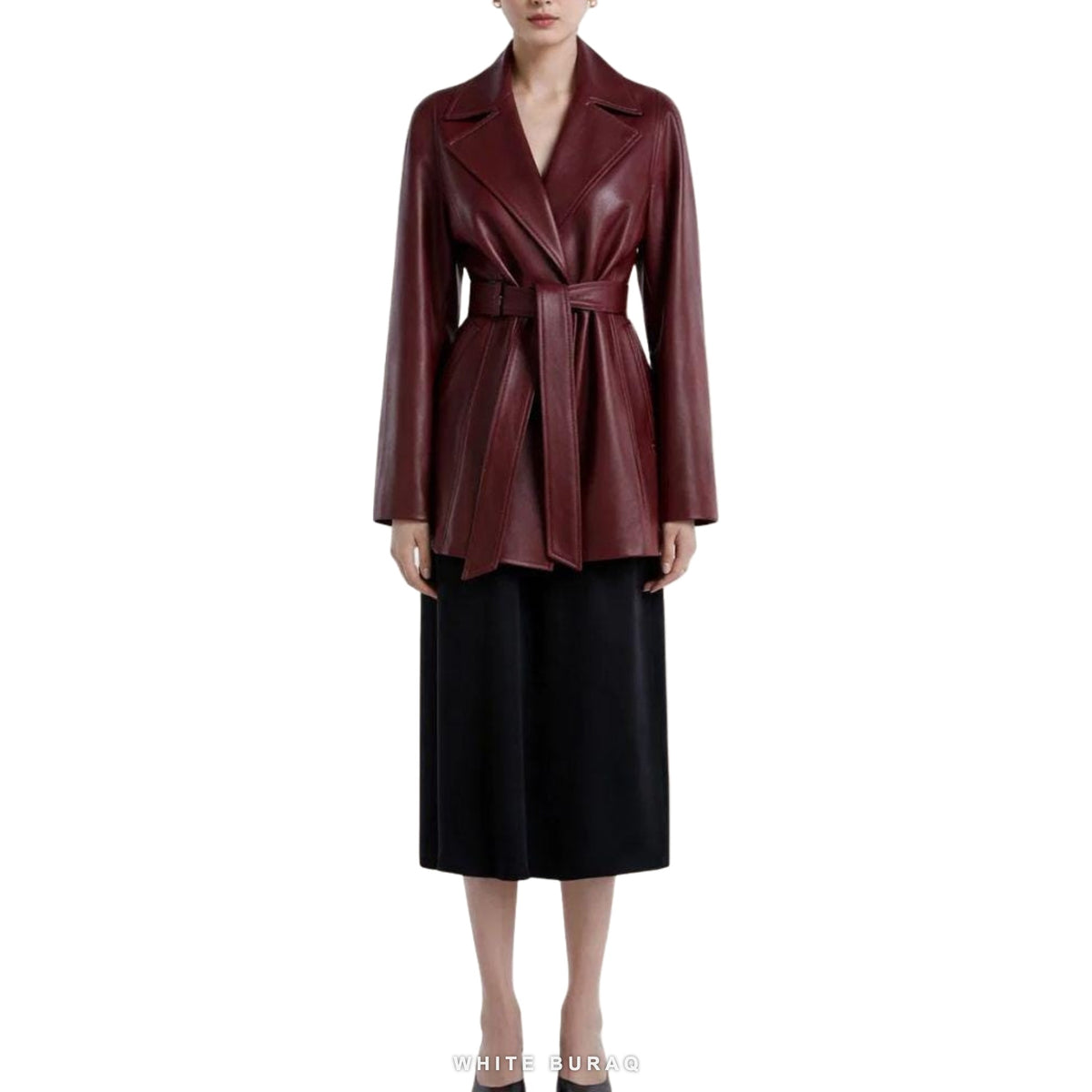 Women's Burgundy Leather Belted Wrap Blazer