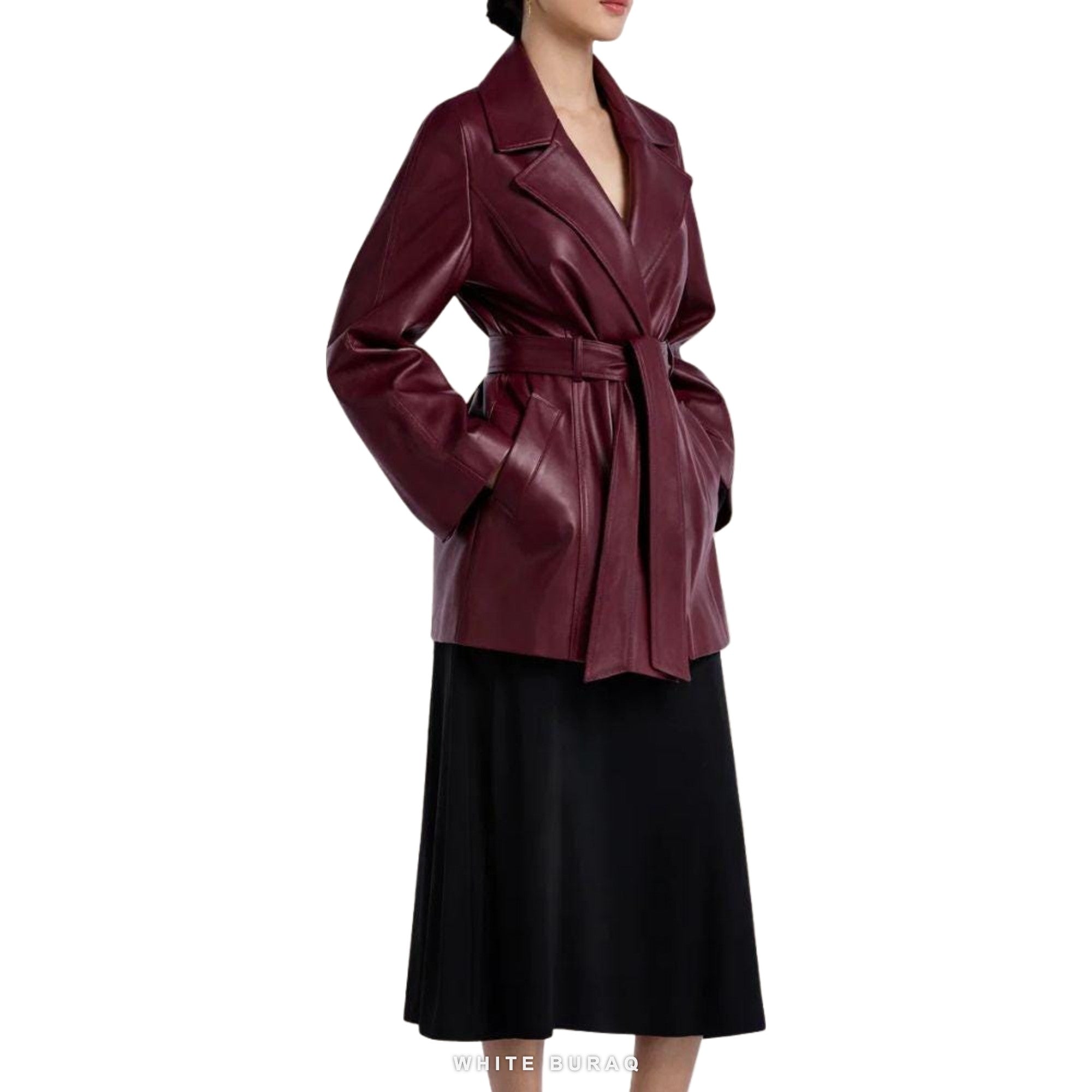 Women's Burgundy Leather Belted Wrap Blazer – view 3