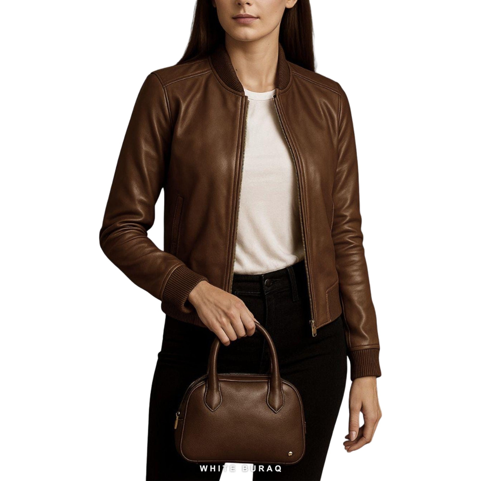 Women's Brown Leather Relaxed Ribbed Bomber – view 2
