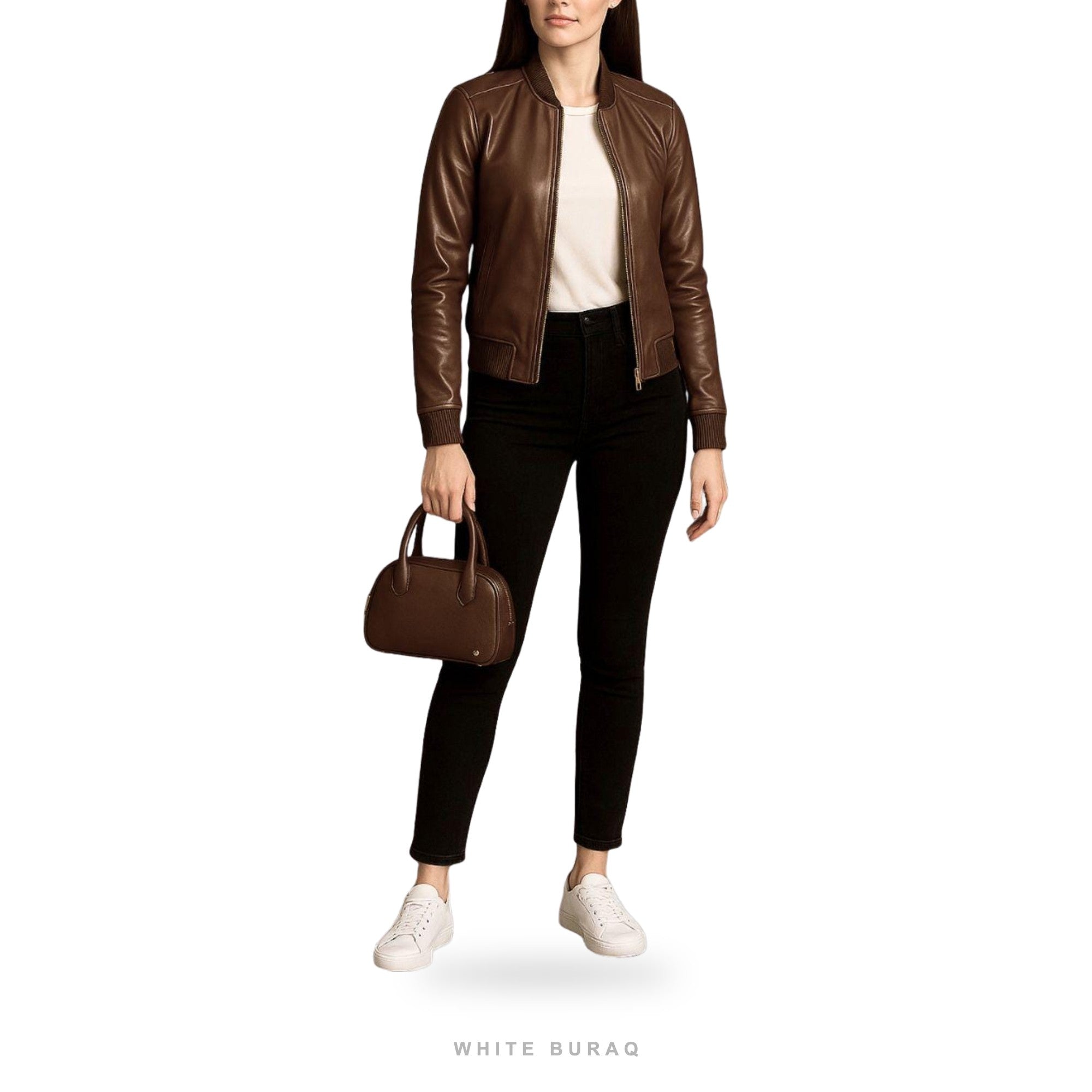 Women's Brown Leather Relaxed Ribbed Bomber – view 4
