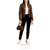 Women's Brown Leather Relaxed Ribbed Bomber – view 4